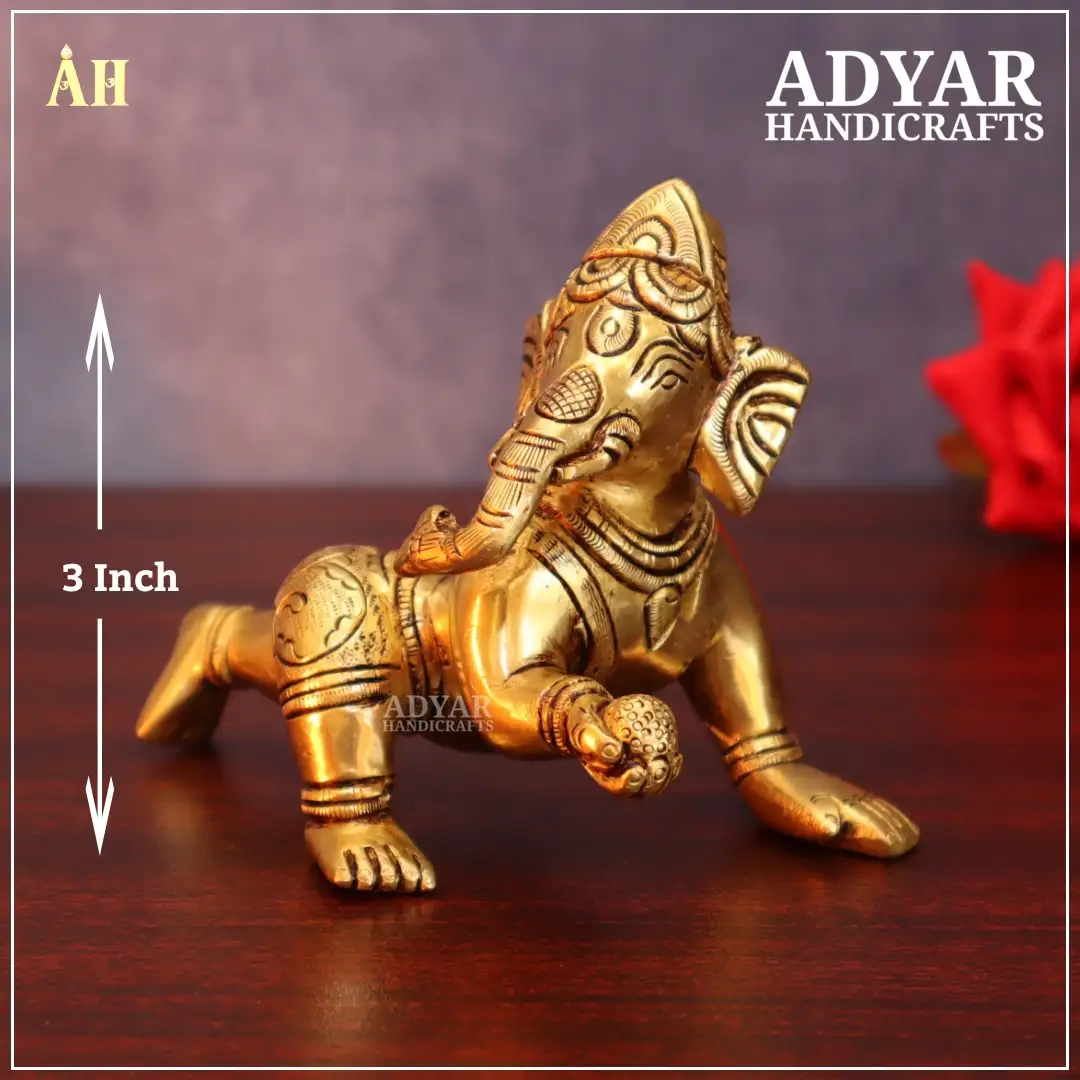 3 Inch Golden Brass Laddu Ganesha Idol - image 1