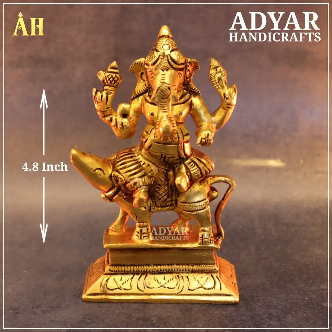 4.8 Inch Brass Small Ganesha Idol Seated on Mouse - image 1