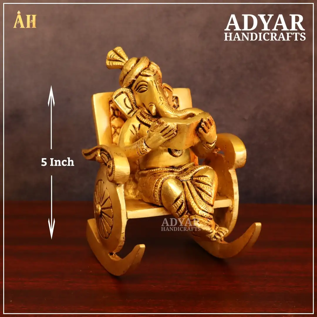 5 Inch Brass 3D Moving Reading Ganesha on Chair Statue - image 1