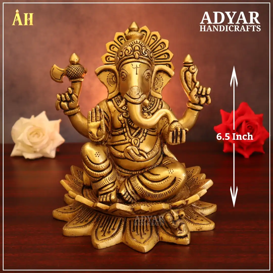6.5 Inch Brass Ganesha Sitting On Lotus Statue - image 1