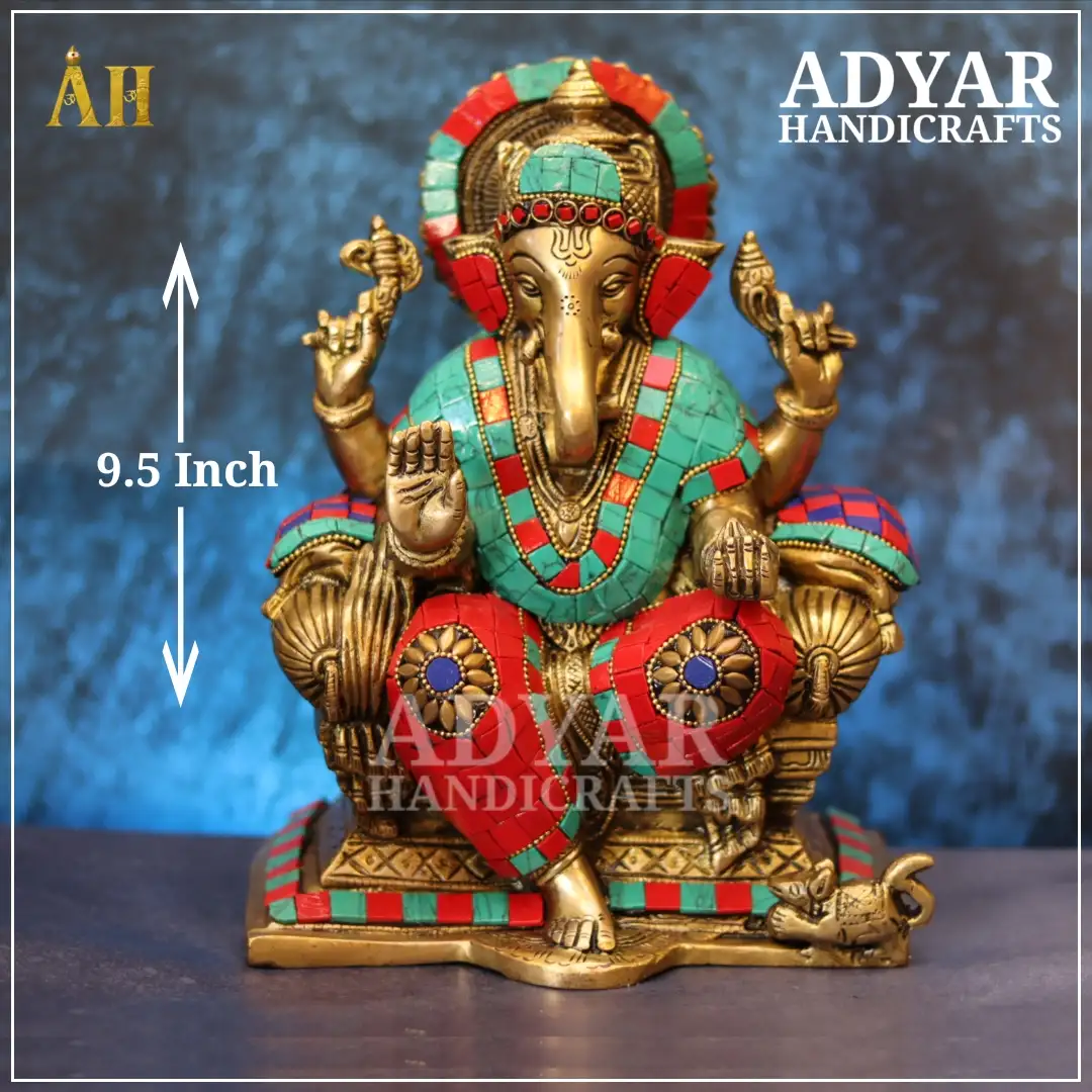 Ganesha Sitting on Sofa Brass Statue with Multicolor Stonework - image 1