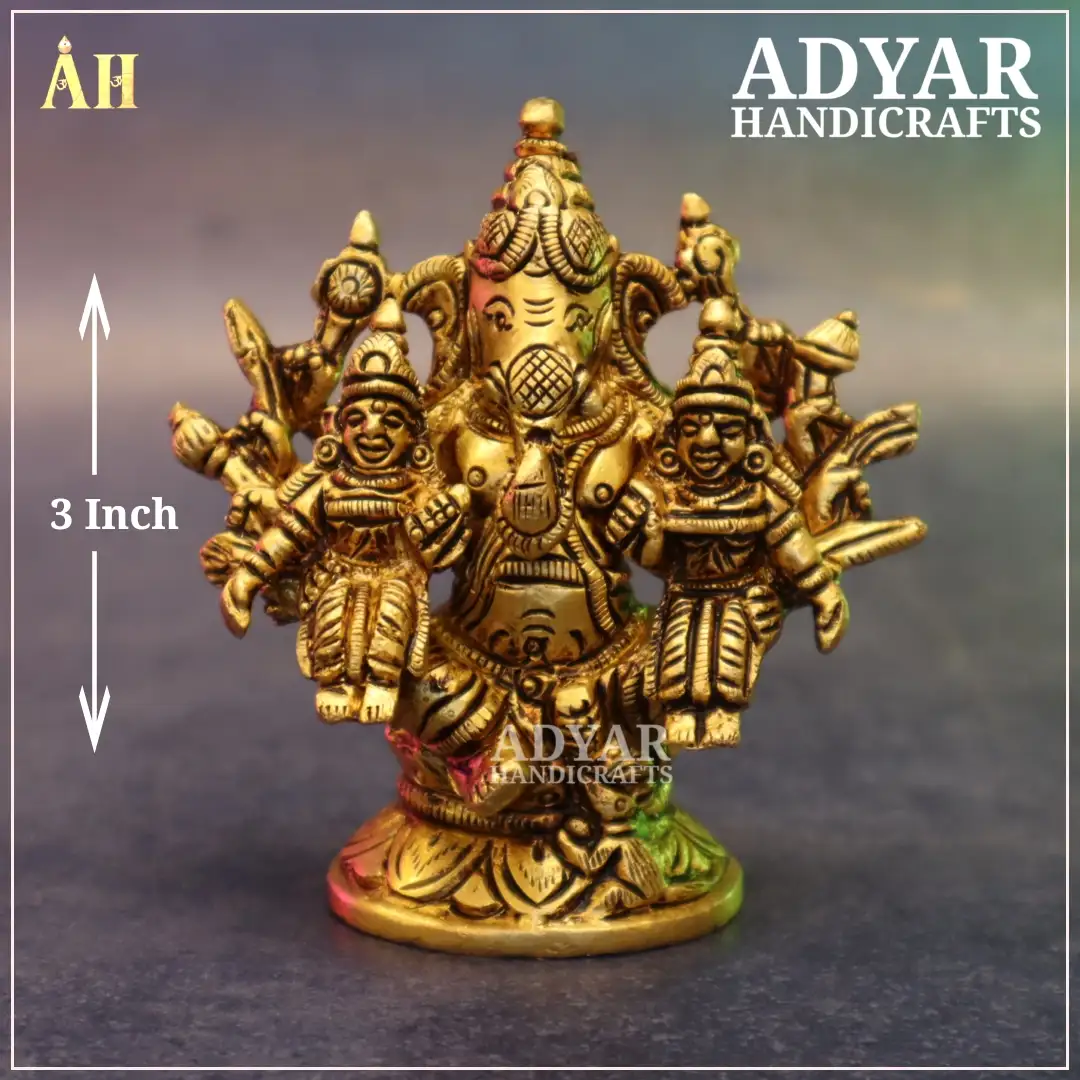 3 Inch Brass Ganesha With Siddhi Buddhi Idol - image 1